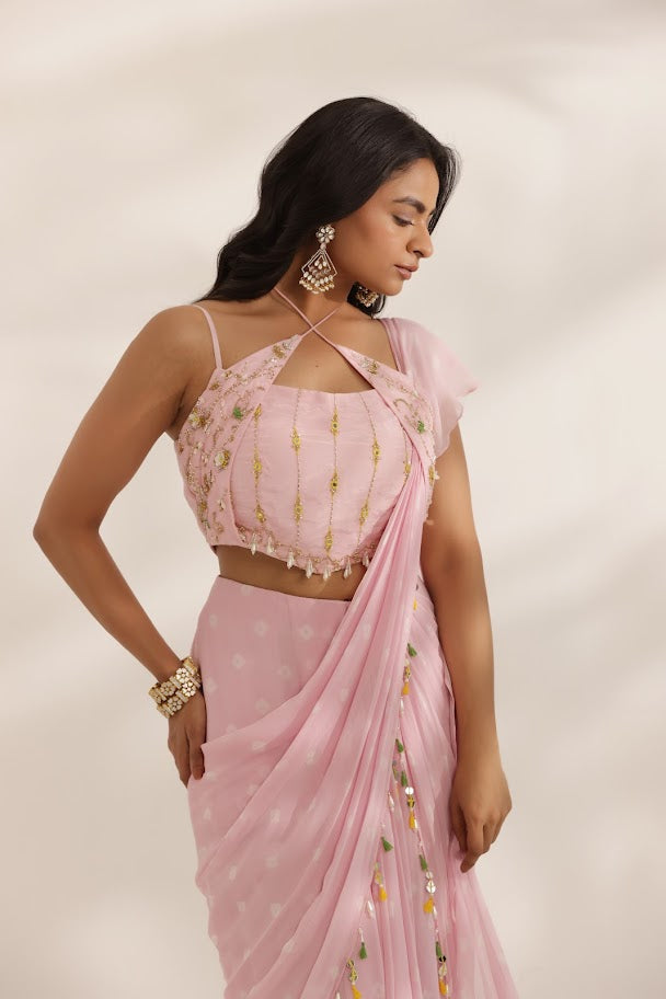 Pastel Pink Bandhani Drape Saree image 1