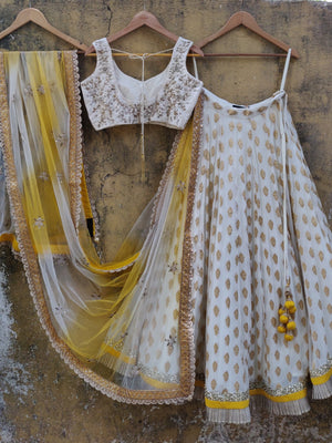 Ivory Butti Georgette Lehenga Set with Yellow Shaded Dupatta image 1