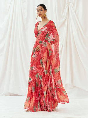 Red Printed Embroidered Drape Saree Set image 5