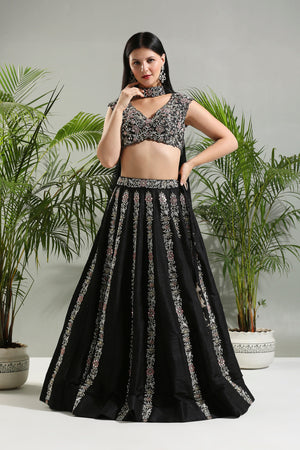 Black Thread and Mirror Hand Embroidered Lehenga Set image 5