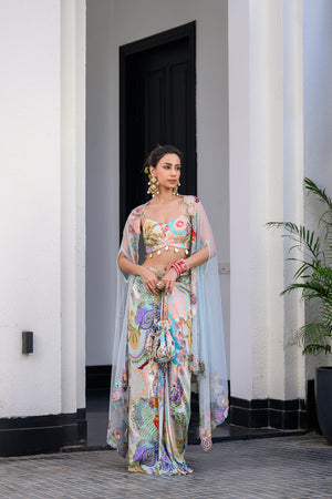 Gardenia Dhoti Skirt Set Paidawn With Highlighted Bralette With Highlighted Applique Cape image 6