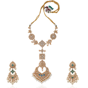 Sky Blue & White Gold-Plated Jadtar Long Necklace Set image 0