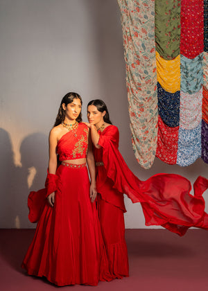 Red Embroidered Lehenga Set image 3