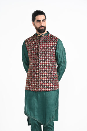 Bottle Green Jhaal Work Nehru with Zari Stitchline Detail Kurta Set image 3