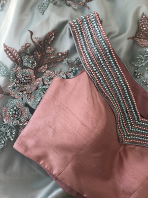 Pink Off-Shoulder Blouse With Sage Green Lehenga image 2