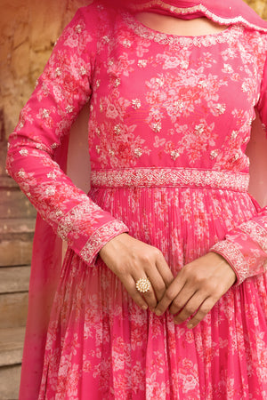 Fuchsia Pink Embroidered Yoke Anarkali Set image 2
