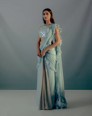Baby Blue Feather Details Saree Set image 2