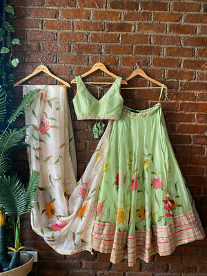 Mint Hand Painted Organza Lehenga Set image 4