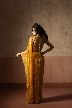 Pre Draped Mustard Yellow Hand Embroidered Net & Georgette Saree image 4