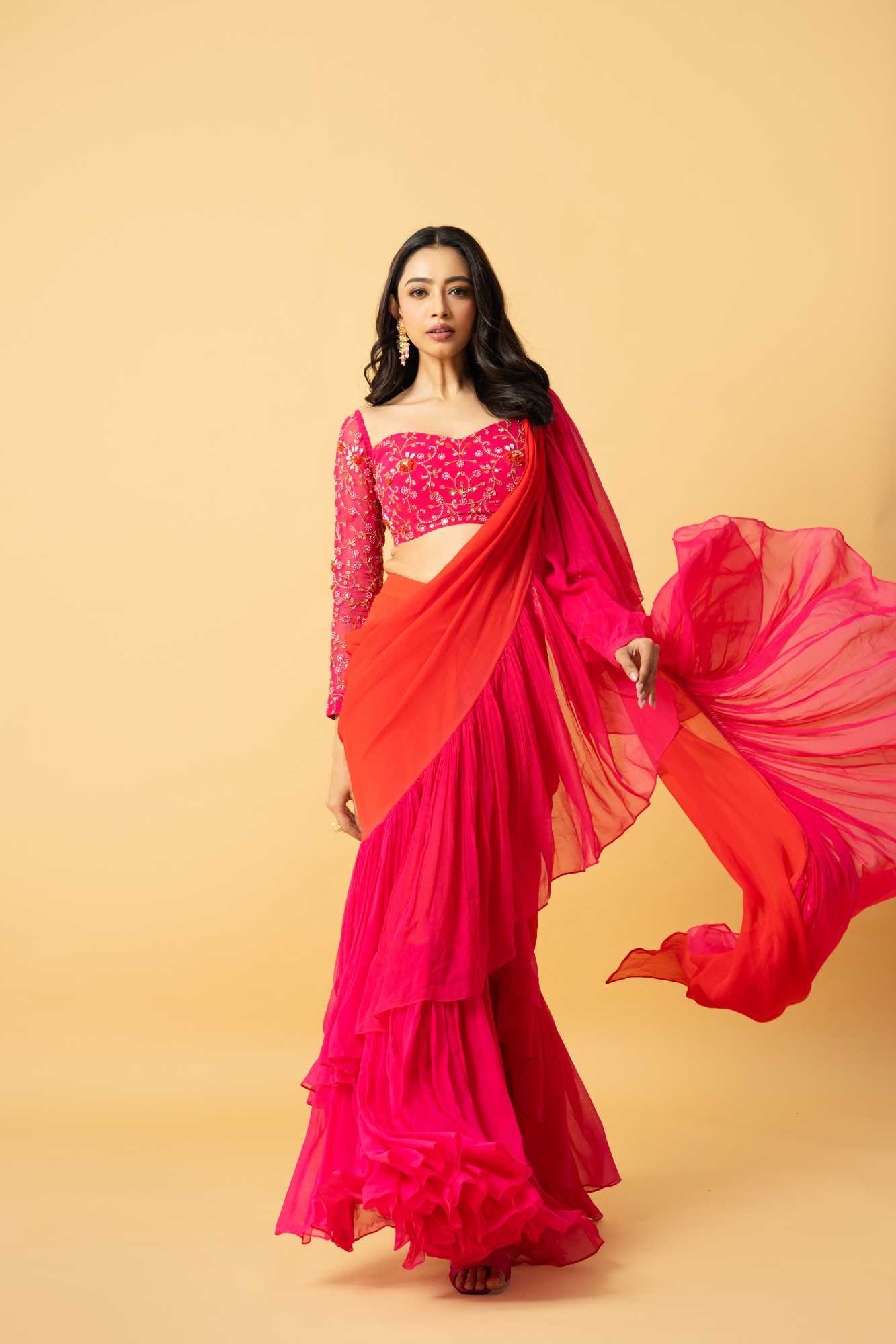 Pink and Orange Georgette Ruffle Saree image 1