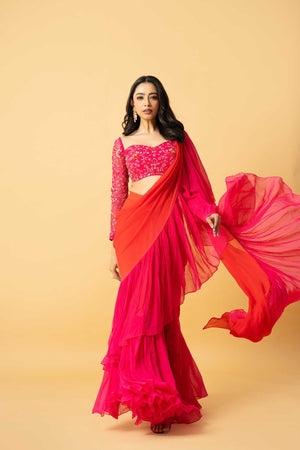 Pink and Orange Georgette Ruffle Saree image 1
