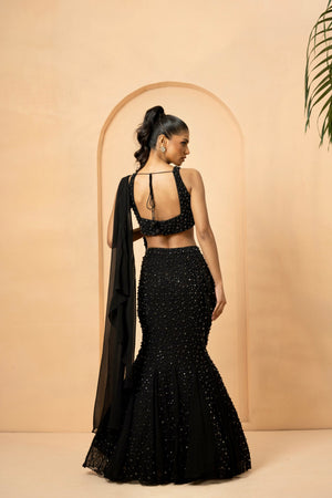 Black Crystal Embellished Drape Lehenga image 1
