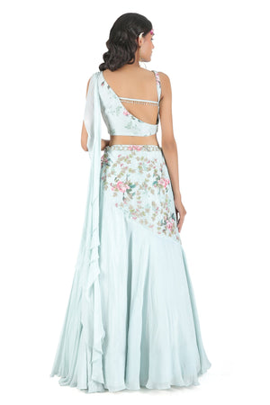Pastel Blue Embroidered Fusion Lehenga Set image 2