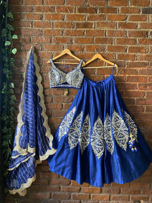 Royal Blue Raw Silk Mirror Work Lehenga Set image 7