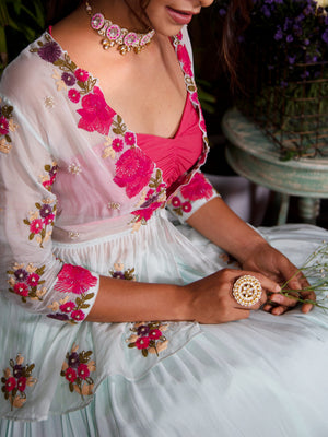 Pink Blouse with Powder Blue Lehenga image 2