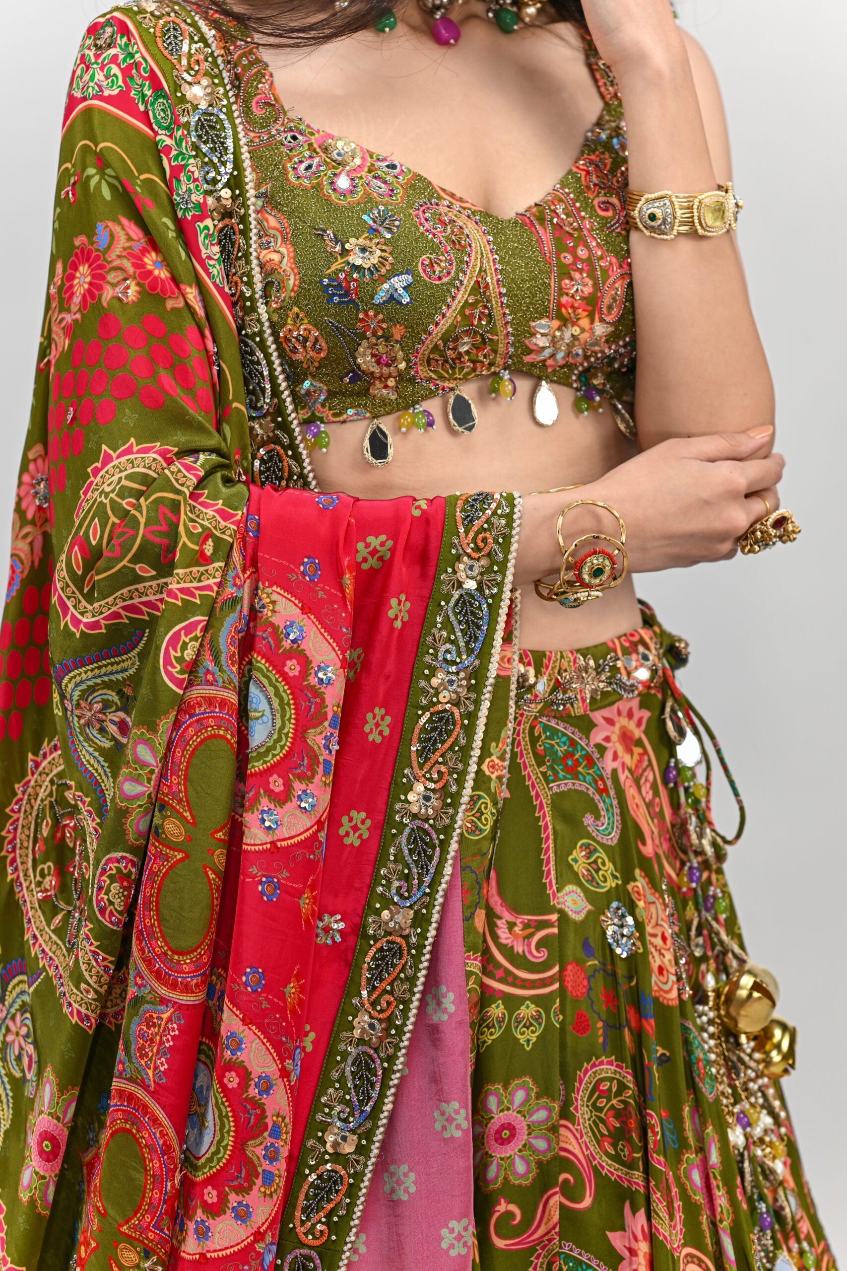 Olive Highlighted Lehenga Paired With Badla Embroidered Olive Blouse and Dual Print Highlighted Dupatta image 1