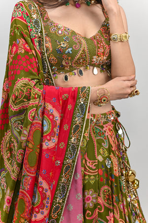 Olive Highlighted Lehenga Paired With Badla Embroidered Olive Blouse and Dual Print Highlighted Dupatta image 1