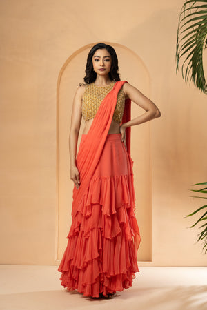 Peach Ruffle Embellished Saree - M image