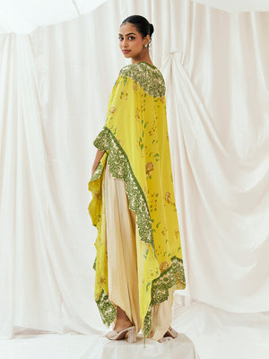 Bright Yellow Printed Embroidered Kaftan Set image 1