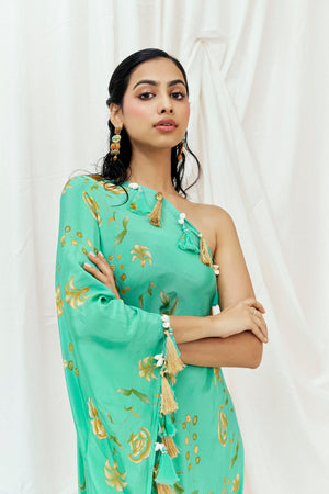 Turquoise Blue Printed Beaded Kaftan image 3