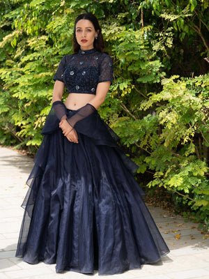 Navy Blue Maheem Organza Lehenga - Custom image