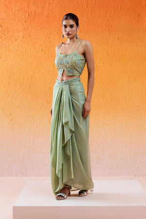 Pista Green Embroidered Drape Skirt Set with Cape image 2