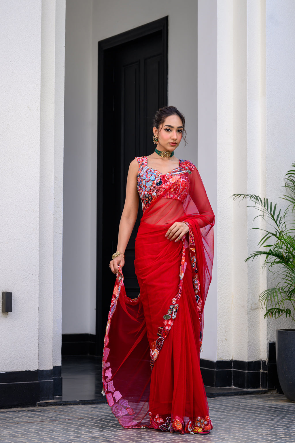 Dawn Highlighted Applique Saree Paidwan with Highlighted Blouse image 1