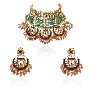 Sea Green Motiwork With Red Bridal Necklace Set image 3