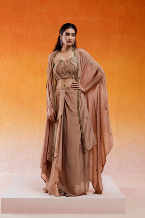 Caramel Brown Embroidered Drape Skirt Set with Cape image 4