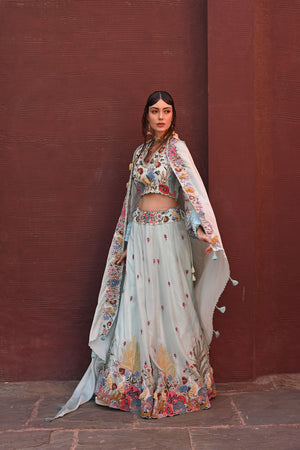 Powder Blue Flamingo Embroidered Lehenga Set image 4