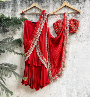 Rust Red pre-stiched Ruffle Saree image 4