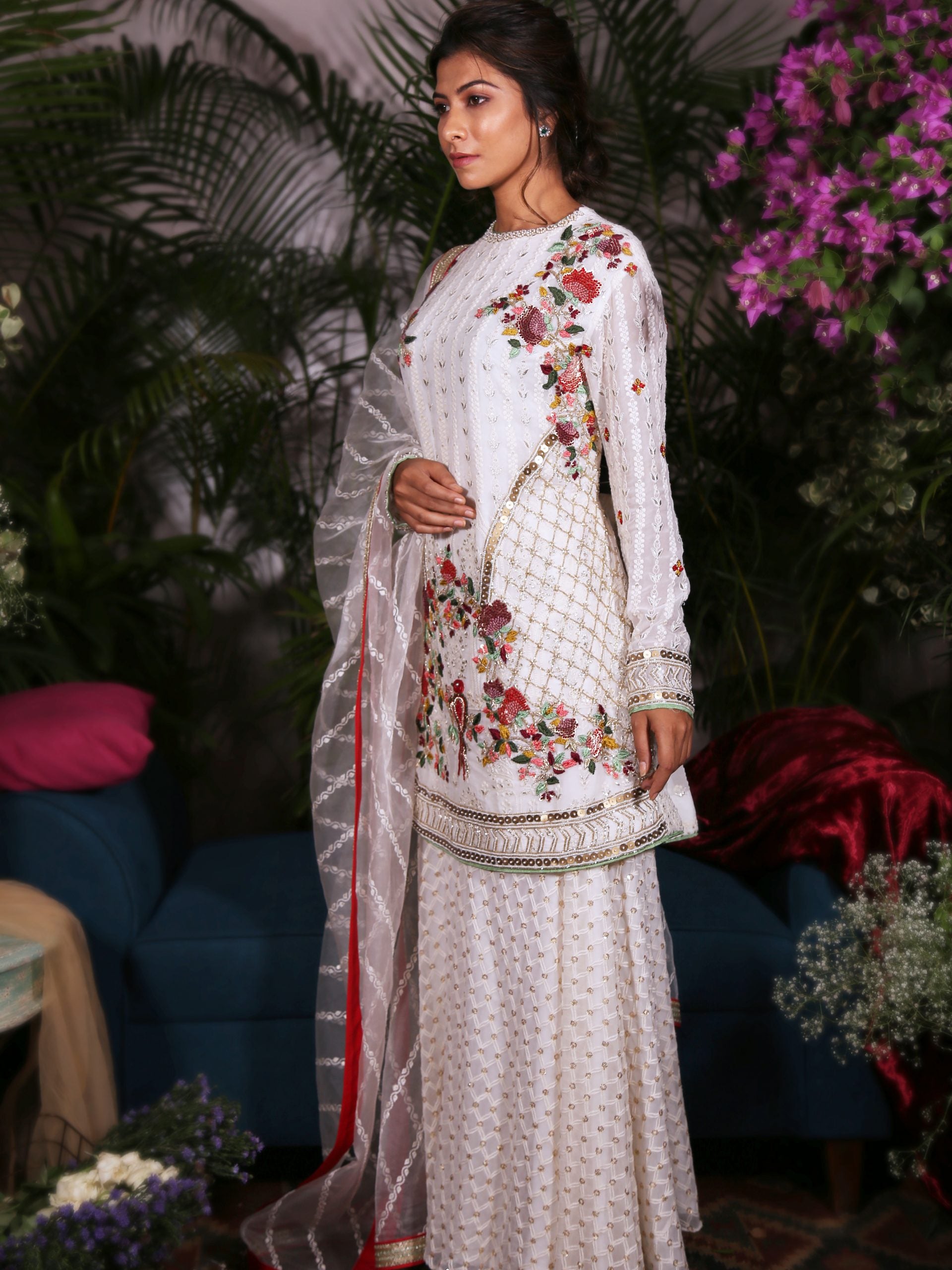 White Embroidered Suit with Palazzo Pants image 1