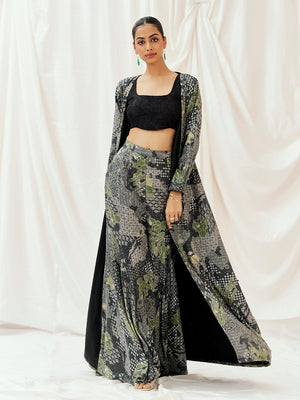 Black Printed Embroidered Long Jacket Sharara Set - Custom image