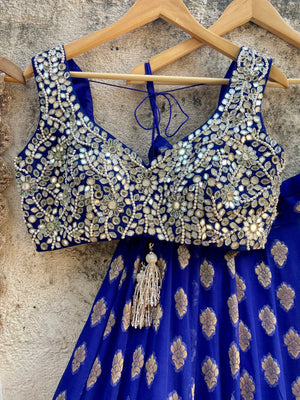 Indigo Blue and Ivory Ruffle Lehenga Set - S image