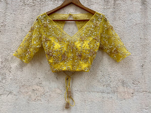 Mustard Ruffled Embroidered Pre-stitched Saree image 1