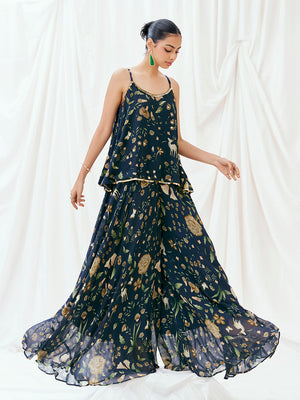 Navy Blue Printed Embroidered Peplum Sharara Set - S image