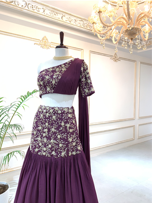 Wine One Shoulder Lehenga Set image 2