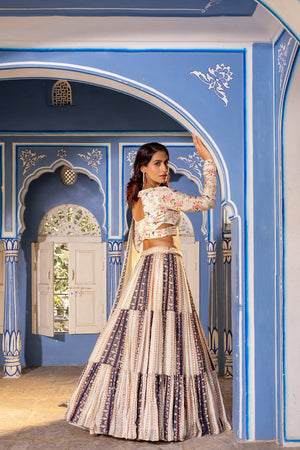 Off White Blue Layer Lehenga Set image 6