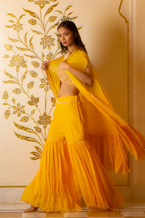Yellow Sharara Set With Shrug image 4