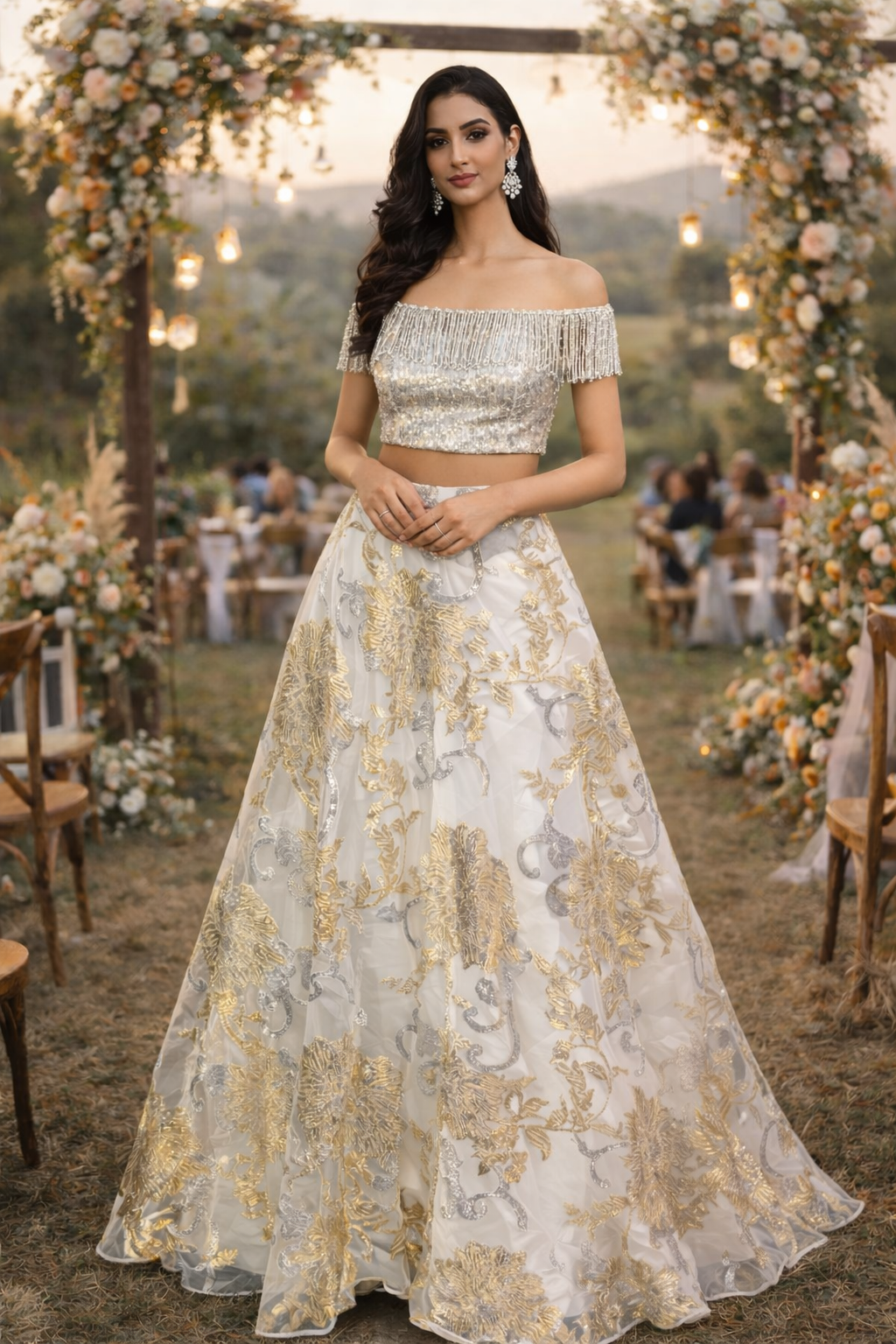 Silver Sequins Shoulder Blouse with Tassles teamed with an Ivory Organza Jaquard Skirt in Metallic Florals image 1