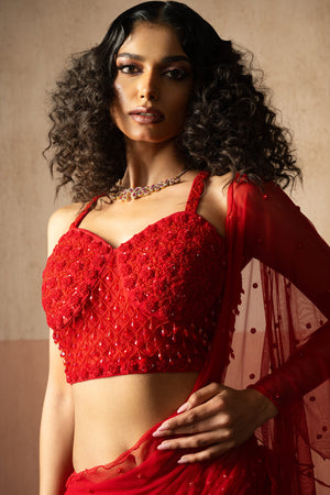 Fish Style Red & Fuschia Pink Coloured Hand Embroidered Net and Georgette Fishtail Saree image 2
