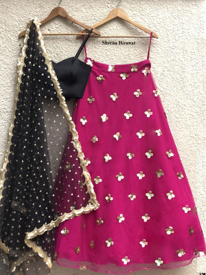 Black Bustier Blouse with Hot Pink Lehenga - S image