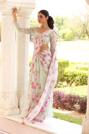 Floral Printed Pre-Drape Saree image 1