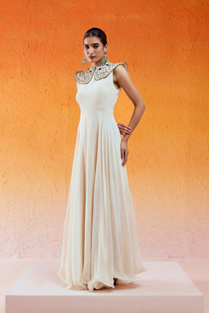 Ivory Pilgrimmed Collar Embroidered Gown image 0