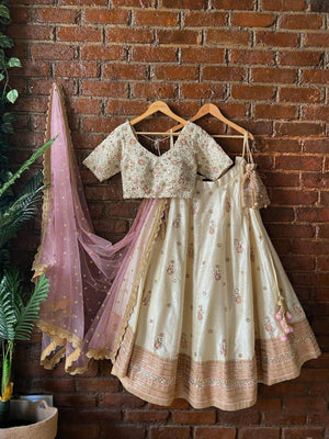 Ivory and Pink Resham and Mirror Hand Embroidered Lehenga Set - M image