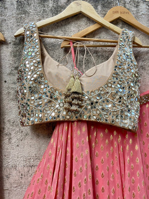 Coral and Beige Mirror Work Lehenga Set image 3