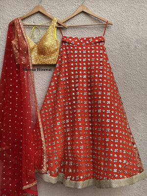 Yellow Blouse with Orange Mirror Work Lehenga - Custom image