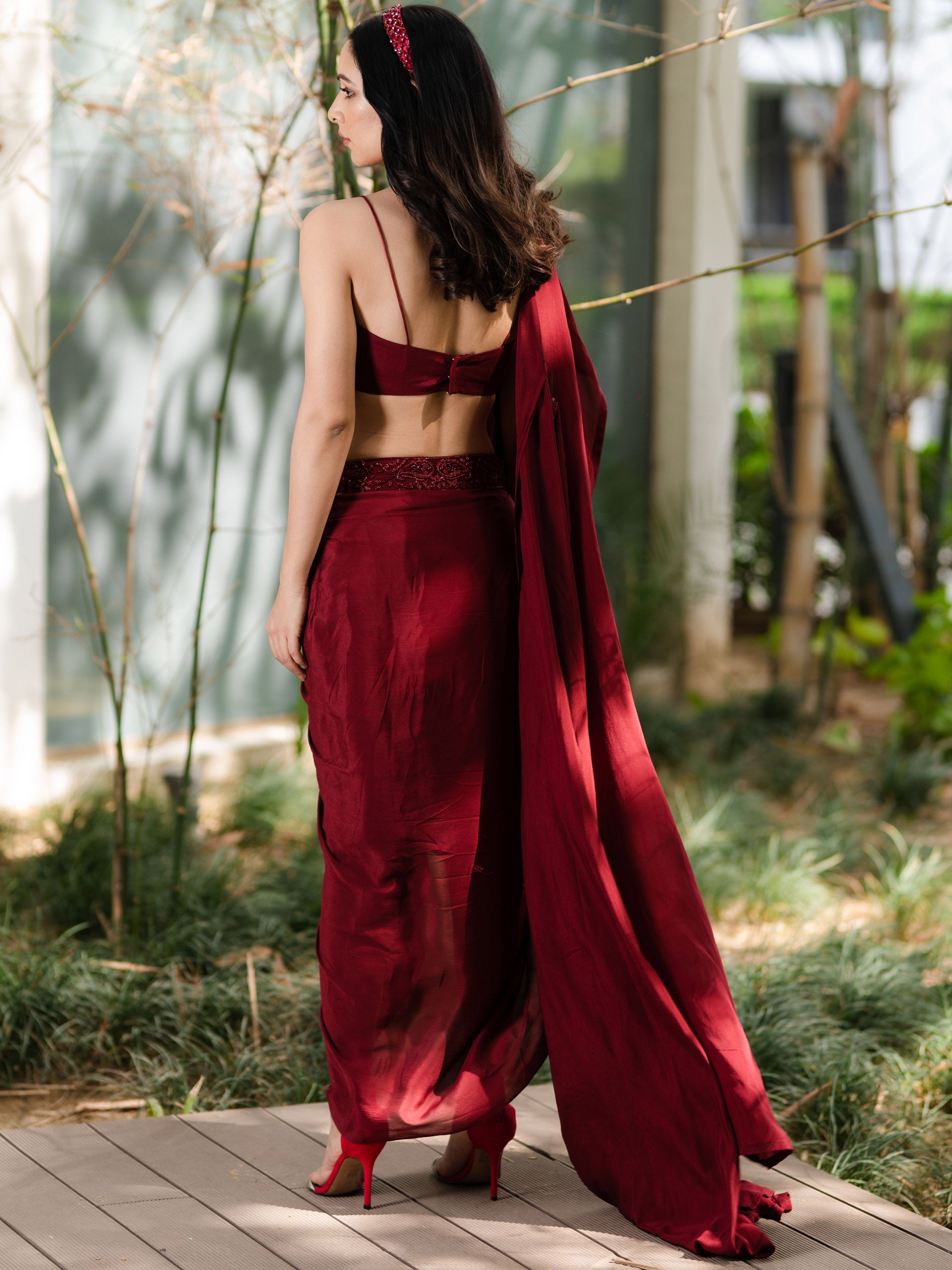 Maroon Aarna Drape Skirt Set with Cape image 1