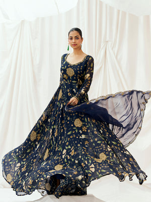 Navy Blue Printed Embroidered Anarkali Set with Dupatta image 5