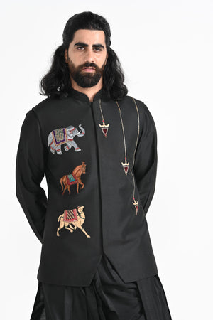 Rajasthani Trotting Animals Nehru With Cowl Hem Drape Kurta Set image 8